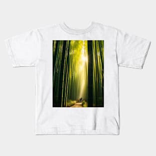 Hiking in a serene bamboo forest in the early morning light. Kids T-Shirt